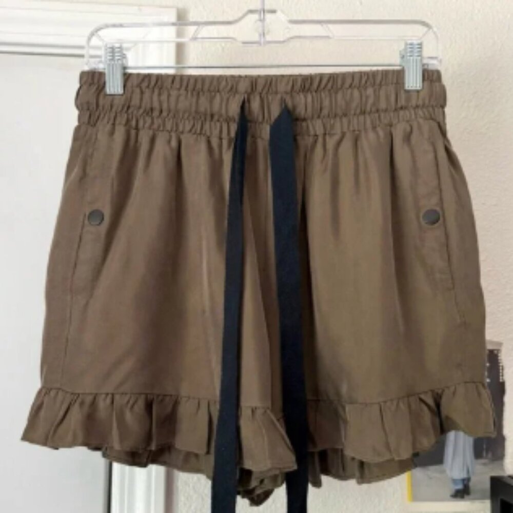 CINQ A SEPT olive army green cupro ruffle hem elastic drawstring waist shorts